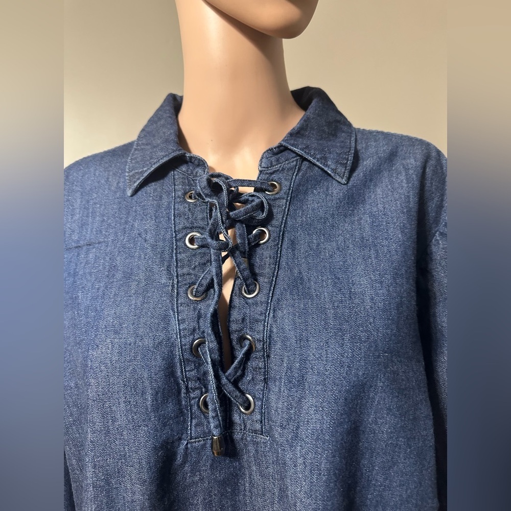 Lane Bryant Women’s Plus Size Denim Tunic Shirt 18/20 Lace-Up Long Sleeve Blue - Picture 4 of 9